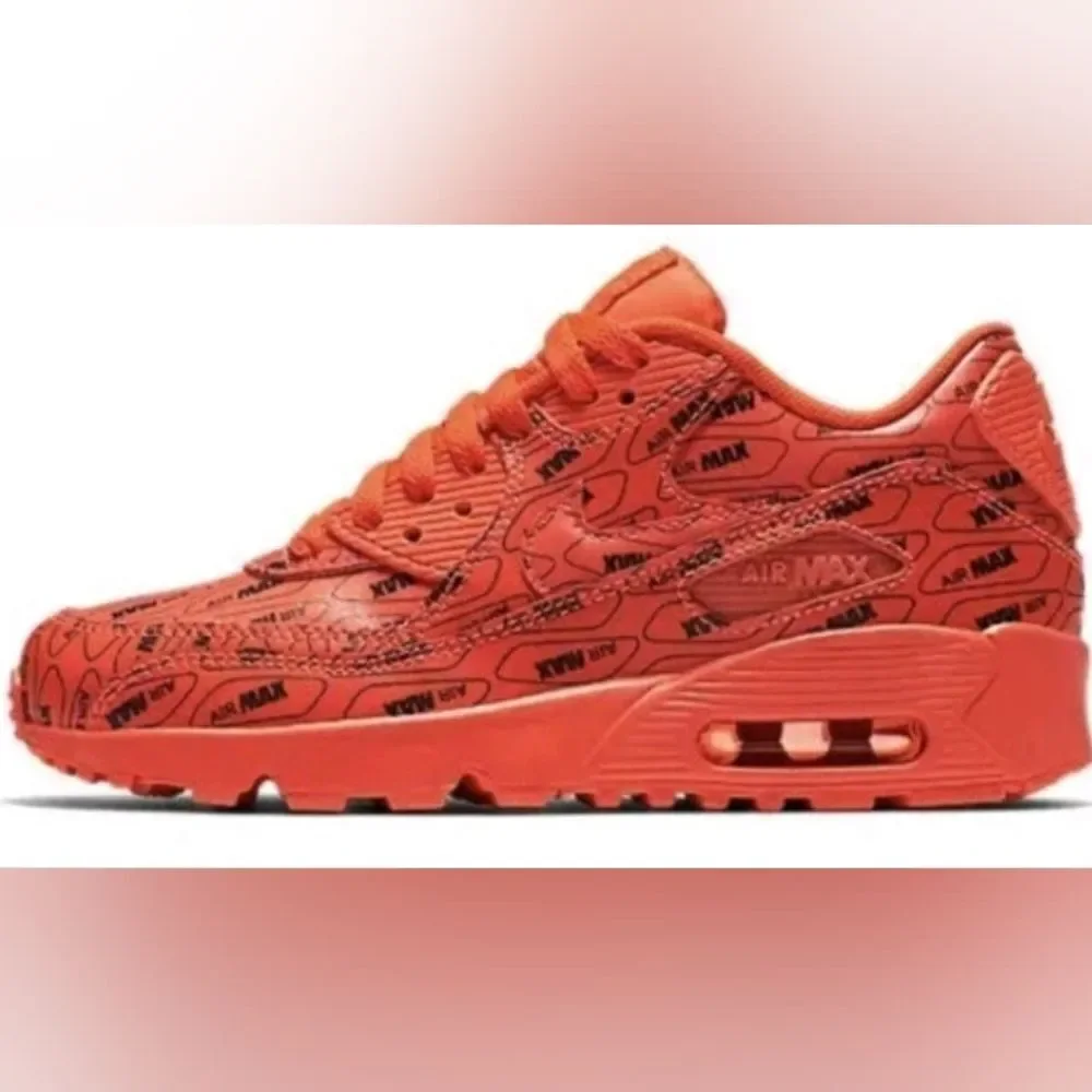 Nike Air Max 90 SE LTR GS All Print Logo Bright Crimson Red Sneakers Women 5.5